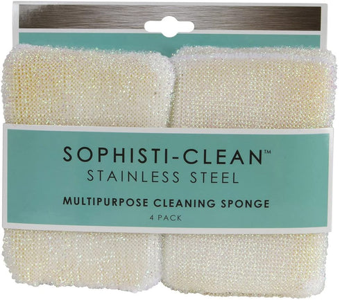 Sophisti-Clean Stainless Steel Multipurpose Cleaning Sponges, Dual-Sided Sponges, White, Pack of 4