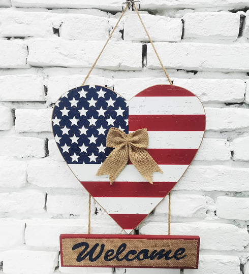 T&Garice Wooden Hanging Heart Welcome Sign, Patriotic Welcome Sign for Front Door Wreath 4th of July Independence Day Memorial Day Indoor Outdoor Wall Decoration