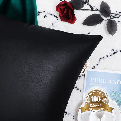 BRAWARM Pack of 2 Black Leather Throw Pillows 20 X 20 Inches, Black Faux Leather Decorative Throw Pillow Covers for Living Room Home Decor Garden Couch Bed Sofa