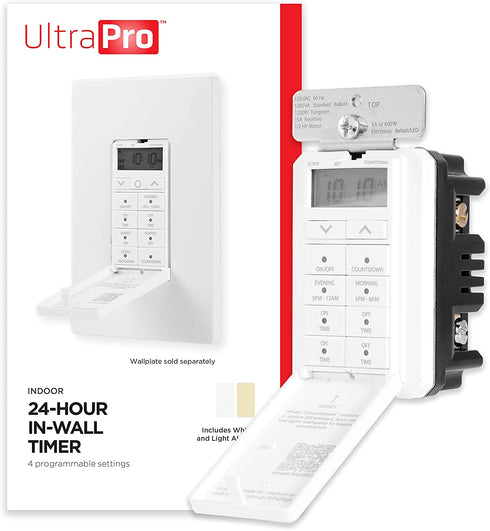 UltraPro 24-Hour Digital in-Wall, Easy-to-Program Timer, Daily presets, to-The-Minute Countdown, ON/Off Override Button, Automatic Lighting Schedule – 40955, 1 Pack, White