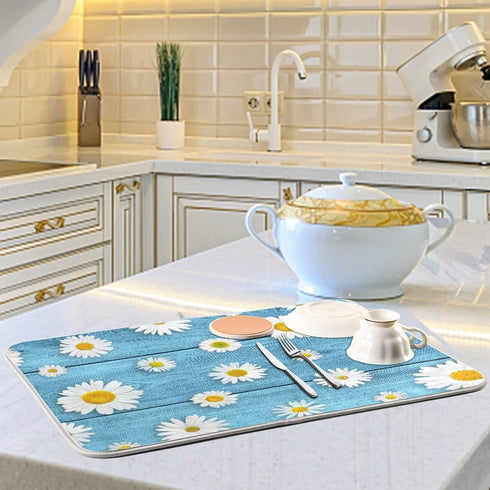 Absorbent Dish Drying Mat for Kitchen Counter - Daisies On Wooden Board Microfiber Drying Pad, Reversible Drainer Mats for Countertop, Small 16 x 18 inch, Large 18 x 24 inch