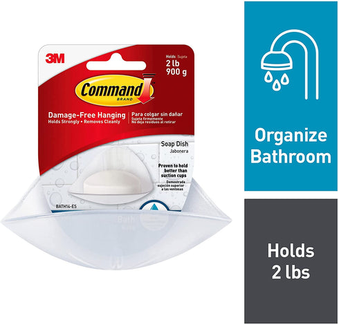 Command Plastic, Holds Bath Soap Water-Resistant Adhesive, 2 lb Capacity, 1 Dish, 2 Strips, BATH14-ES, Clear Frosted