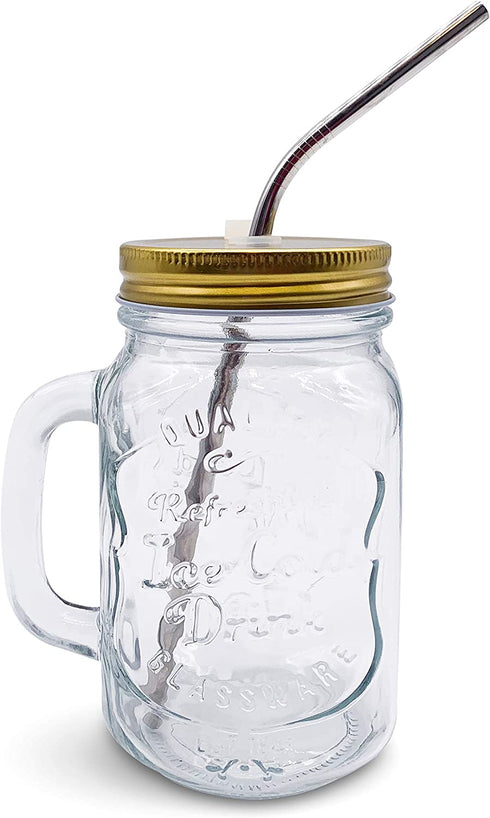Home Suave Mason Jar Mugs with Handle, Regular Mouth, Colorful Lids with 2 Reusable Stainless Steel Straw, Set of 2 (Gold), Kitchen Glass 16 oz Jars,Refreshing Ice Cold Drink & Dishwasher Safe