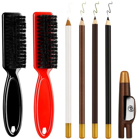 6 Pieces Barber Pencil Set 4 Barber Pencils with Built-in Sharpener and 2 Barber Blade Cleaning Brushes Hairline Outline Pencils Trimmer Clipper Brushes for Me (Black, White, Dark Brown, Light Brown)