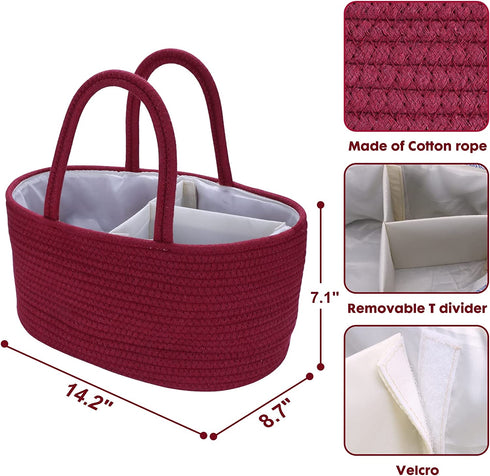 Baby Diaper Caddy Organizer for Girl Boy Rope Nursery Storage Bin Basket Portable Holder Tote Bag for Changing Table Car Travel Baby Shower Gifts Newborn Essentials Registry Must Have Items (Rust red)