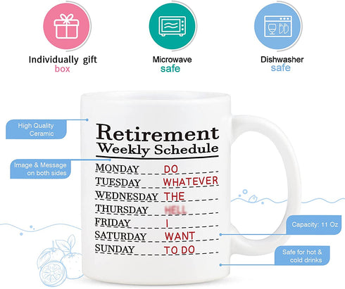 Funny Retirement Gifts, Retirement Weekly Schedule Coffee Mug, Retirement Gifts for Men Women 2021, Gift Idea for Retirement, Funny Coworker Gifts, Retired Mug 11 Oz White