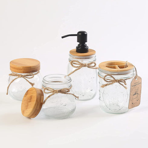 Bathroom Accessories Set Mason Jar, Foaming Soap Dispenser+2 Apothecary Jars+Toothbrush Holder, Bathroom Canisters Rustic Farmhouse Bathroom Decor Jars with Bamboo Lid, Country Countertop, Black