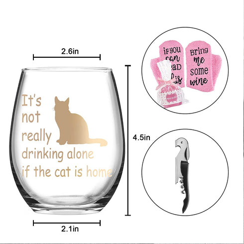 It's Not Really Drinking Alone If The Cat Is Home Wine Glass with Cupcake Wine Socks Gift Set, Cat Lover Wine Glass Set with Bottle Opener 15Oz - Funny Gift for Women Friends Sisters Girls Cat Lover