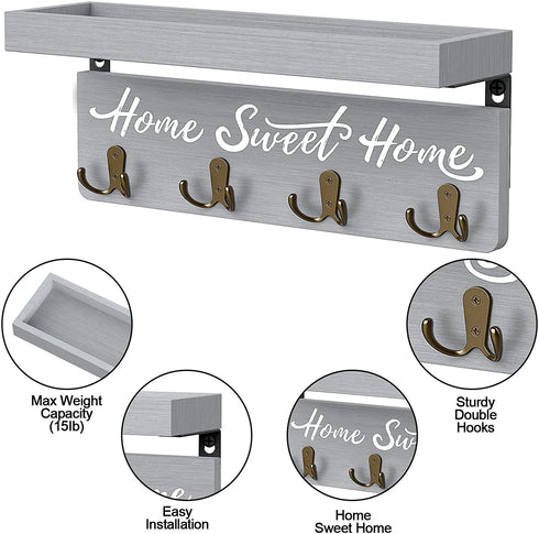buways Wall-Mounted Key and Mail Holder, Wooden Key Rack with 4 Double Key Hooks, Rustic Home Decor for Entryway(Gray)