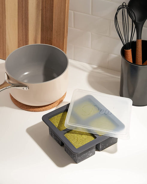 W&P Cup Cubes Silicone Freezer Tray with Lid, Charcoal, Makes 4 Perfect 1-Cup Portions, Freeze & Store Soup, Broth, Sauce, Leftovers, Dishwasher Safe, 4-Cup