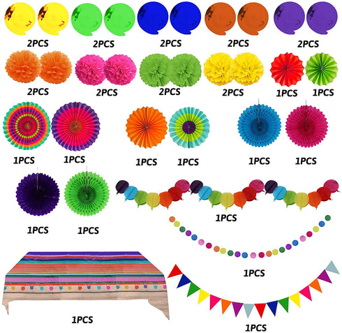 Recosis Fiesta Party Decorations, Multicoloured Tablecover Paper Fans Pompoms Paper Balloon Garlands Hanging Swirls Decorations for Fiesta Mexican Cinco De Mayo Taco Birthday Party Supplies