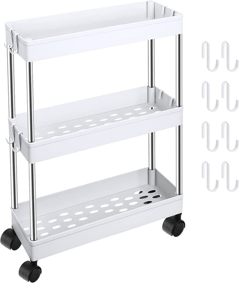 3 Tier Slim Storage Shelves Cart Rolling Utility Cart Mobile Shelving Unit Organizer Slid Out Utility Cart with Wheels and 8 Pieces Metal Hooks for Bathroom Kitchen Office (White)