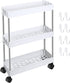 3 Tier Slim Storage Shelves Cart Rolling Utility Cart Mobile Shelving Unit Organizer Slid Out Utility Cart with Wheels and 8 Pieces Metal Hooks for Bathroom Kitchen Office (White)