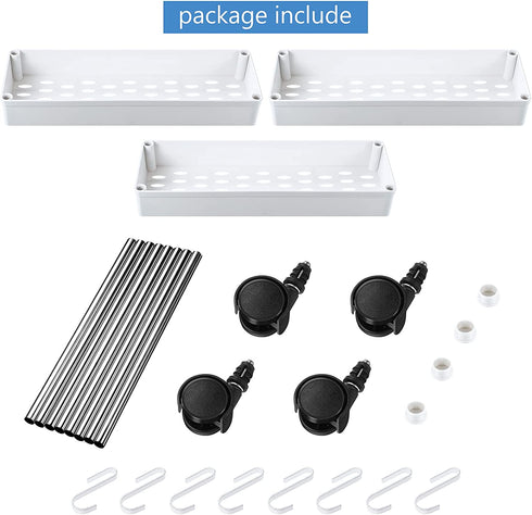 3 Tier Slim Storage Shelves Cart Rolling Utility Cart Mobile Shelving Unit Organizer Slid Out Utility Cart with Wheels and 8 Pieces Metal Hooks for Bathroom Kitchen Office (White)