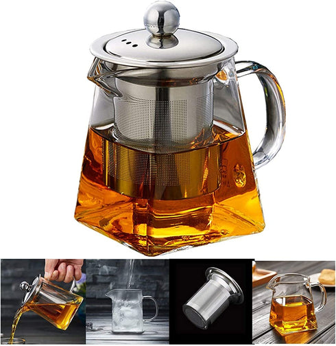 Glass Teapots with Infuser PluieSoleil, 500 Milliliter in Square Shape, Tea Strainers for Loose Leaf Tea Microwavable and Stovetop Safe
