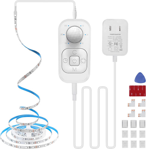 Motion Sensor Under Cabinet Lights - Plug-in LED Strip Lights Indoor with Power Adapter, Dimmer and Timer for Kitchen Cabinet, Counter, Shelf, Showcase, Stairway, Bedroom, Corridor, Washroom