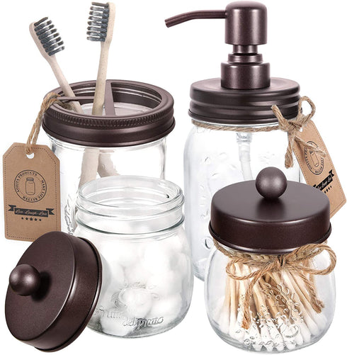 Mason Jar Bathroom Accessories Set 4 - Bronze - Mason Jar Soap Dispenser & 2 Apothecary Jars & Toothbrush Holder - Rustic Farmhouse Restroom, Bathroom Home Decor Clearance, Countertop Vanity Organizer