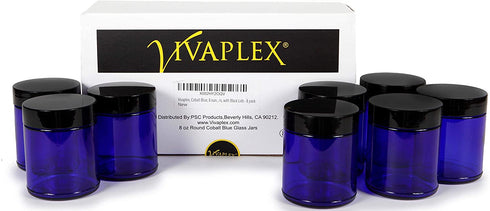 Vivaplex, Cobalt Blue, 8 ounce, Round Glass Jars, with Black Lids - 8 pack