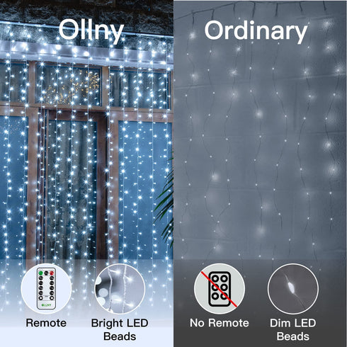Ollny Curtain Lights Christmas Cool White 300 LED 9.8ftx9.8ft, Remote USB Powered 8 Lighting Modes Timer Waterproof Hanging Lights Indoor Outdoor for Xmas Thanksgiving Wedding Party Patio Decorations