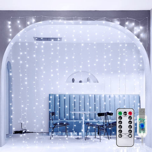 Ollny Curtain Lights Christmas Cool White 300 LED 9.8ftx9.8ft, Remote USB Powered 8 Lighting Modes Timer Waterproof Hanging Lights Indoor Outdoor for Xmas Thanksgiving Wedding Party Patio Decorations