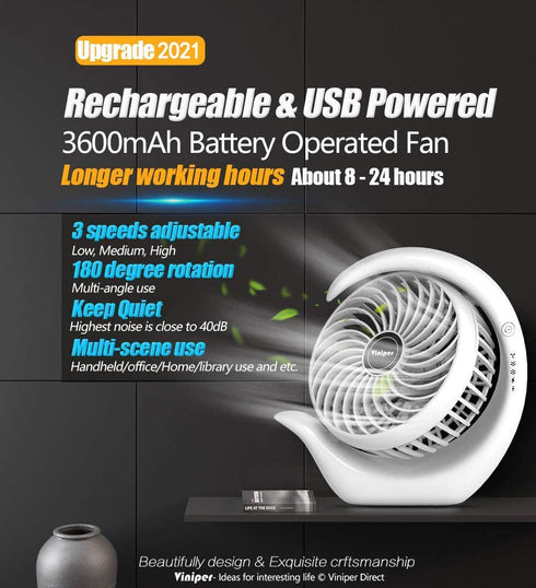 viniper Battery Operated Fan, Small Desk Fan : 3 Speeds & 8-24 Hours Longer Working, 180° Rotation, Optimised Portable USB Rechargeable Fan , Small but Mighty, Strong Wind (6.2 inch, White)