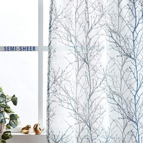 FMFUNCTEX White Valance Curtains for Windows Print Tree Branch Semi-Sheer Valance Grey/Blue,1 Panel, 50? Width x 15" Length