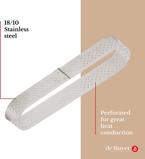 de Buyer - Oblong Perforated Valrhona Tart Ring - Baking Supplies - Stainless Steel Cake Ring - Dishwasher Safe - 5.7" x 1.4", 0.8" Height