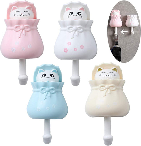 4 Pcs Cute Cat Hooks, Creative Adhesive Coat Hook, Heavy Duty Decorative Wall Hooks for Key, Towel, Backpacks, Hat