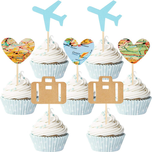 36 Pieces Travel Themed Cupcake Toppers Set, Airplane Cupcake Toppers Map Heart Cake Toppers for Travel Themed Baby Shower Party Decorations (Blue and Brown)
