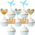 36 Pieces Travel Themed Cupcake Toppers Set, Airplane Cupcake Toppers Map Heart Cake Toppers for Travel Themed Baby Shower Party Decorations (Blue and Brown)