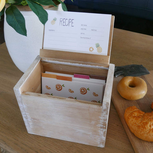 NIKKY HOME Rustic Carved Kitchen Wood Recipe Organization Box with Cards and Dividers, 7.28 x 4.72 x 5.91 Inches