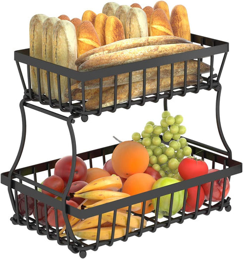 Apsan 2 Tier Fruit Storage Basket Countertop for Kitchen, Bread Vegetable Fruit Basket Bowl Stand Detachable Metal Rectangular Wire Basket, Black Medium