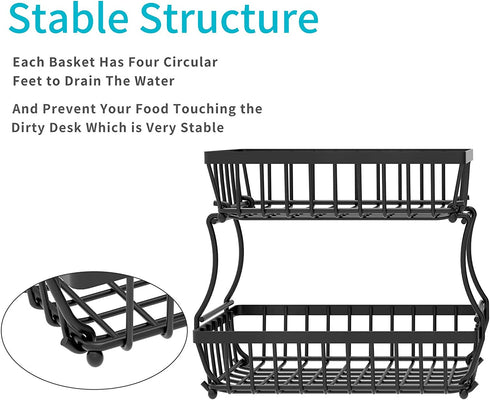 Apsan 2 Tier Fruit Storage Basket Countertop for Kitchen, Bread Vegetable Fruit Basket Bowl Stand Detachable Metal Rectangular Wire Basket, Black Medium