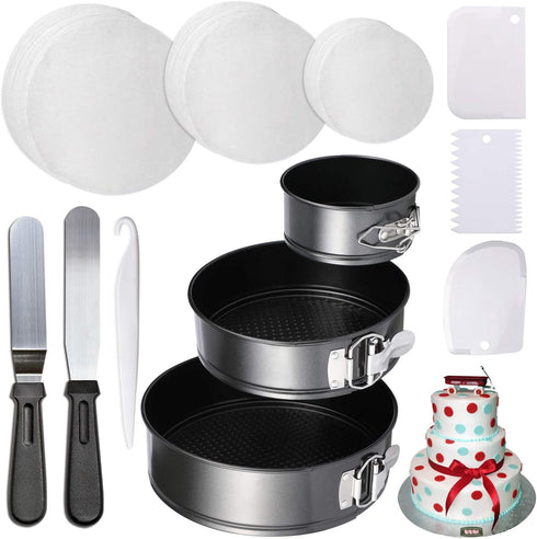 Springform Cake Pans - 4" 7" 9" Non-stick Round Bakeware Cake Pan and 150-piece Parchment Paper Liners (BLACK)