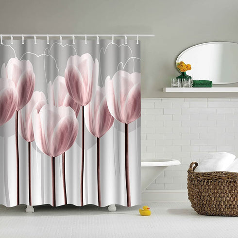 Artsbay Floral Shower Curtain Modern Elegant Pink Tulip Flower Design Art Print Bath Curtain Home Apartment Pink and Gray Fabric Bathroom Accessories Set
