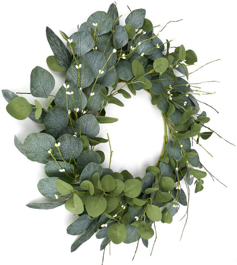 Artificial Greenery Wreath,20? Silver Dollar Eucalyptus Leaves Wreath with Pip Berries Green Spring/Summer Wreath for Front Door Wall Window Decor and Festival Celebration