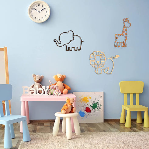 Nursery Decor 3 Pieces Wooden Animal Theme Wall Decor Nursery Jungle Wall Art Geometric Safari Wall Decor Jungle Decor with Glue Points for Themed Room (Lion, Elephant, Giraffe Style)