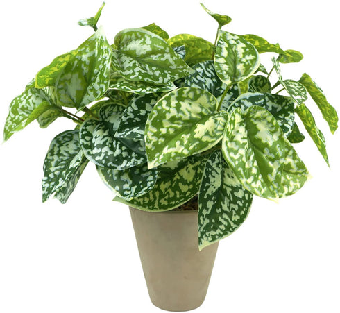 Hisow Artificial Potted Plants, 13" Faux Green Leaves Fake Plant with Natural Stone and Cement Pot Artificial Plants for Home Office Indoor and Room Decorations (A)
