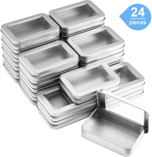 TecUnite Metal Tin Box Clear Top Tins Box Empty Storage Tins Case Rectangle Containers Can with Large Clear Window for Candles, Candies, Gifts, Balms and Treasures, Silver (24)