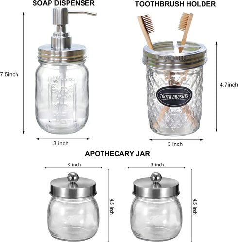 CERBIOR Mason Jar Bathroom Accessories Set 4Pcs,Lotion Soap Dispenser &2 Apothecary Jars &Toothbrush Holder,Bathroom Home Decor Craft. Nickel