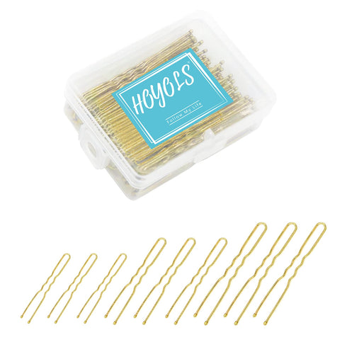 Hoyols U Shaped Hair Pins Blonde, Assorted Size U Shape Bobby Pins, Metal Bun Clips Crimped Design with Ball Tips for Buns Women Girls Grips Hairstyle Updo Thin Thick Hair Gold, 150 Count (Blonde)