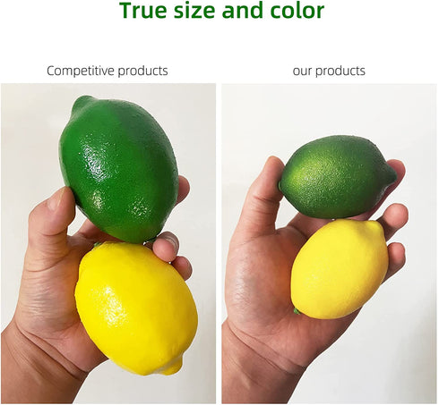 Fake Fruit Artificial Lemons, 3.1''—2.2'' Faux Lemon Fake Limes with Leaves, Lifelike Fake Lemon Decor for Kitchen Table Cabinet Party, Plastic Fruits Photography Prop 36PCS