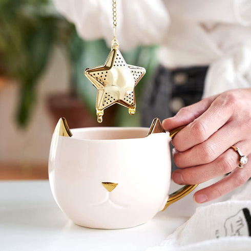 Pinky Up Star Shaped Tea Ball Loose Leaf Infuser with Chain Hook, Stainless Steel, Gold Finish