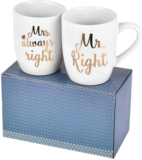 Mr and Mrs Mugs - Mr Right Mrs Always Right Coffee Mug - Couple Engagement Gift for Valentines, Bride Groom, Husband Wife - Mug Set for Christmas, Anniversary, Birthday 12 Oz