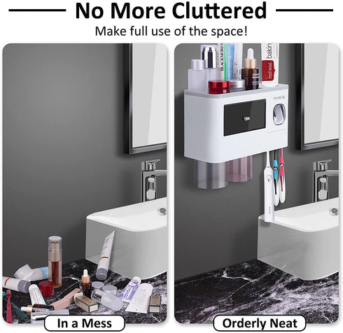 Toothbrush Holders Wall Mounted, Yoobure Automatic Toothpaste Dispenser Set for Bathrooms, Multifunctional Bathroom Organizer Holder with Cosmetic Drawer, 2 Magnetic Cups and 6 Toothbrush Slots