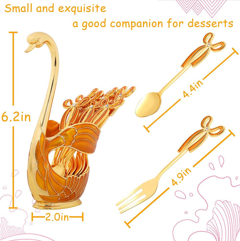 Gusnilo 11PCS Coffee Spoon Dessert Fork Dinnerware Set,Swan Base Holder with 5 Forks and 5 Spoons Metal Creative Dinnerware Set Mini Dessert Spoons Use for Dessert Shop Home Cafe(Yellow,Swan)