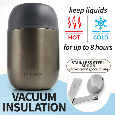Zulay Vacuum Insulated Soup Thermos 16 oz - Stainless Steel Food Thermos For Hot Food For Adults and Kids - Leakproof Insulated Food Jar For Hot Food Thermos For Soup with Foldable Spoon (Dark Gray)