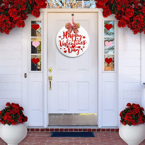 Happy Valentine's Day Hanging Sign, Round Wooden Red Heart Valentines Day Decor Front Door Sign with Ribbon Bow for Valentine's Day Front Door Wall Rustic Farmhouse Porch Decorations, 12 Inch (Red)