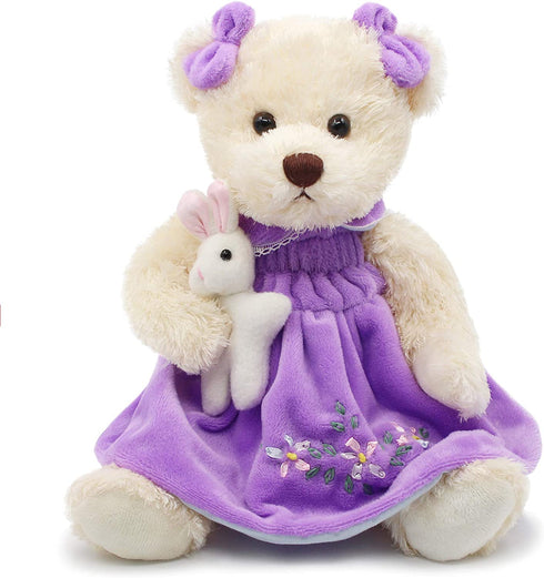 Oits-cute Small Baby Teddy Bear with Cloth Cute Stuffed Animal Soft Plush Toy 10" (Purple Dress with Rabbit)