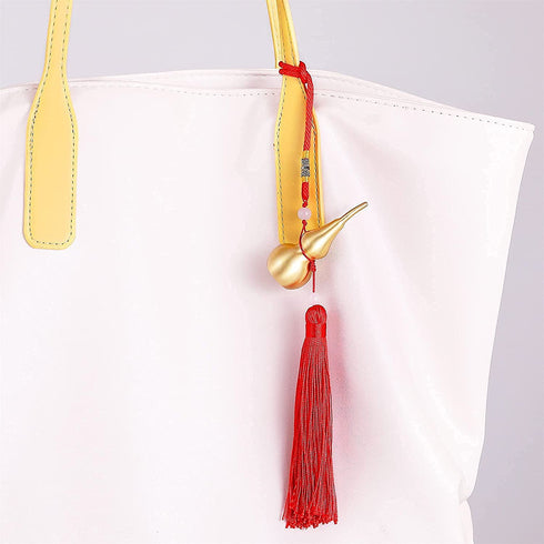 PAKUNDAS Feng Shui Brass Wu Lou Golden Gourd with Red Luck Strip Treasure Pendant for Bedroom,Car Hanging Ornaments,Fortune Protection,Hu Lu Bring Good Luck Safty Success,2.75inch Tall,100% Brass